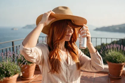 Femme aux cheveux colorés cuivrés appliquant un spray de protection UV sous le soleil méditerranéen