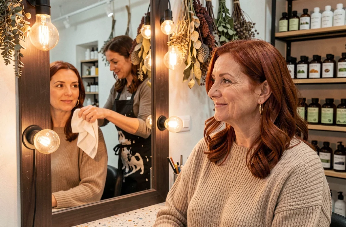 Femme admirant sa nouvelle coloration végétale rousse dans un miroir de salon de coiffure urbain et écologique