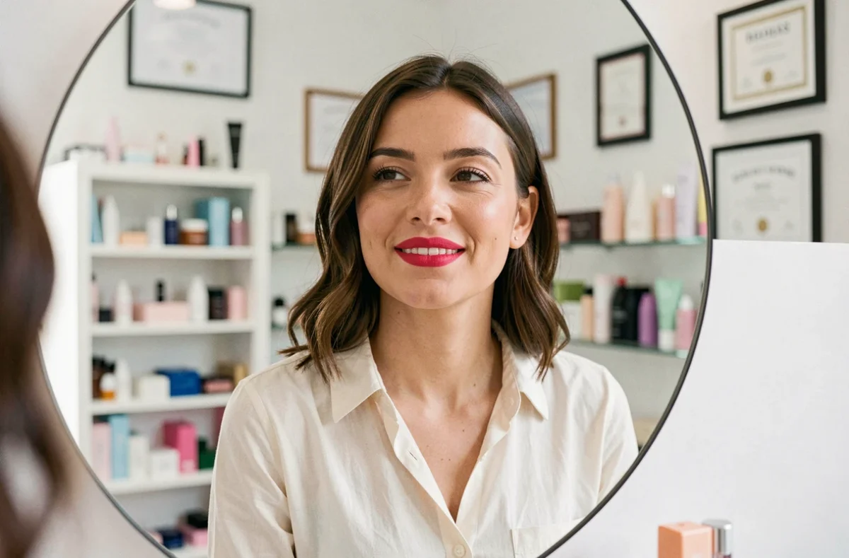 Femme admirant le résultat de sa teinture permanente des lèvres dans un miroir en studio de beauté