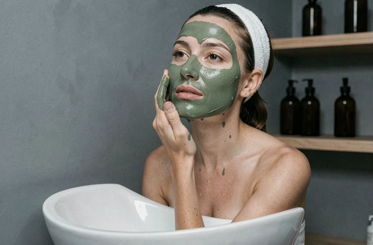 Femme rinçant un masque à l'argile verte au lavabo dans une salle de bain minimaliste, soin purifiant pour peau grasse