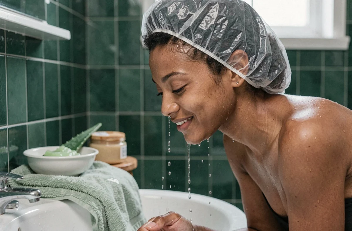 Femme rinçant un soin hydratant en profondeur pour cheveux afro sous l'eau froide dans une salle de bain vintage