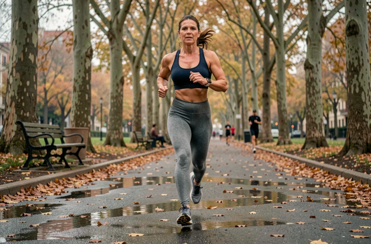 Femme faisant son jogging matinal dans un parc urbain en automne pour dynamiser son corps et son esprit