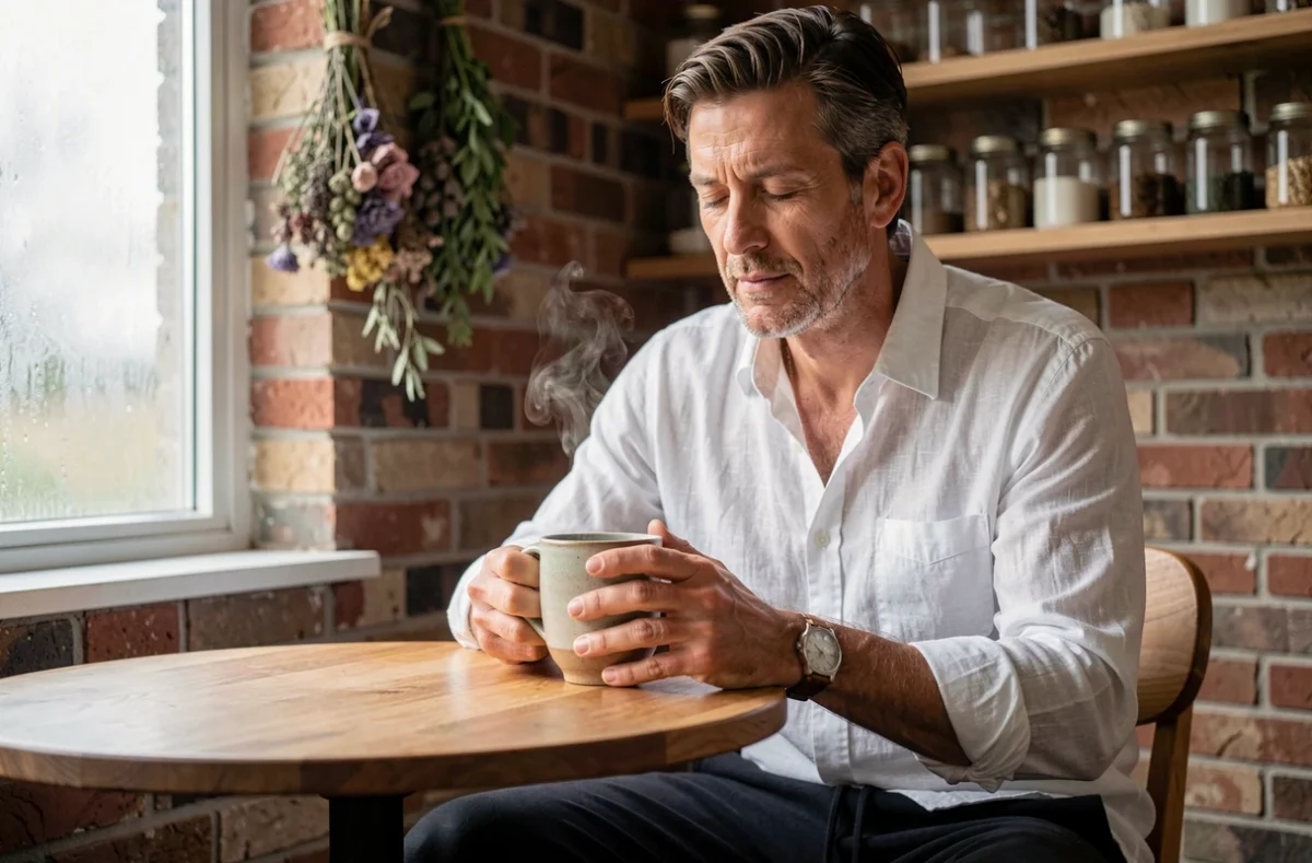 Homme savourant une tasse de thé en pleine conscience dans sa cuisine lors d'un rituel matinal apaisant