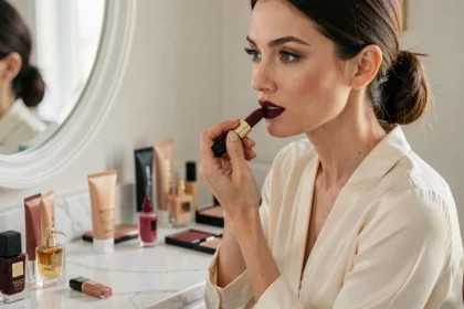 Femme appliquant un rouge à lèvres mat bordeaux devant un miroir de vanité en marbre blanc dans une parfumerie de luxe