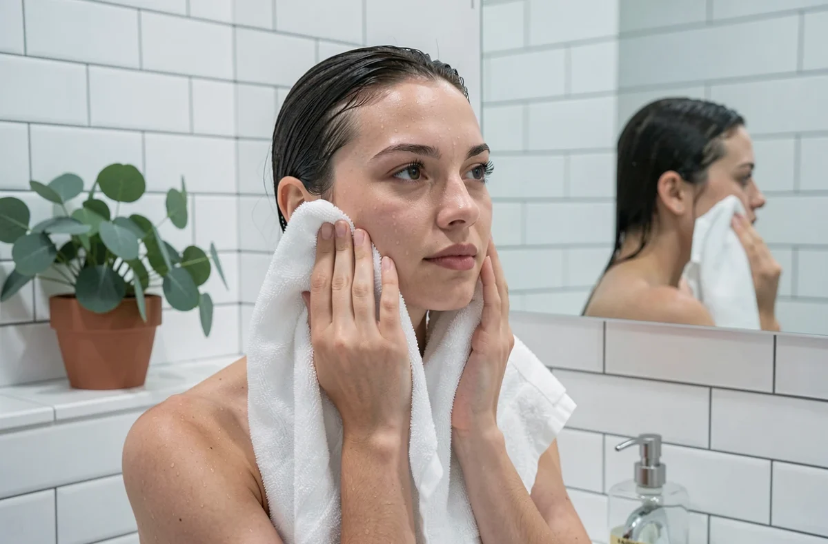 Jeune femme sans maquillage séchant son visage avec une serviette blanche dans une salle de bain minimaliste