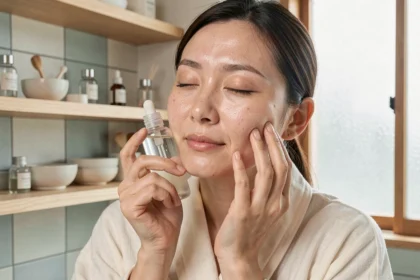 Femme japonaise appliquant une essence tonique sur sa peau dans une salle de bain minimaliste en bois clair, routine layering japonaise