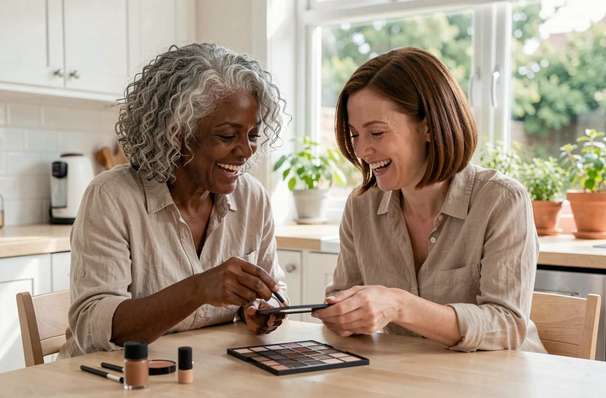 Deux femmes de plus de 50 ans comparant des teintes de fard à paupières ensemble dans une cuisine moderne lumineuse, routine maquillage des yeux après 50 ans