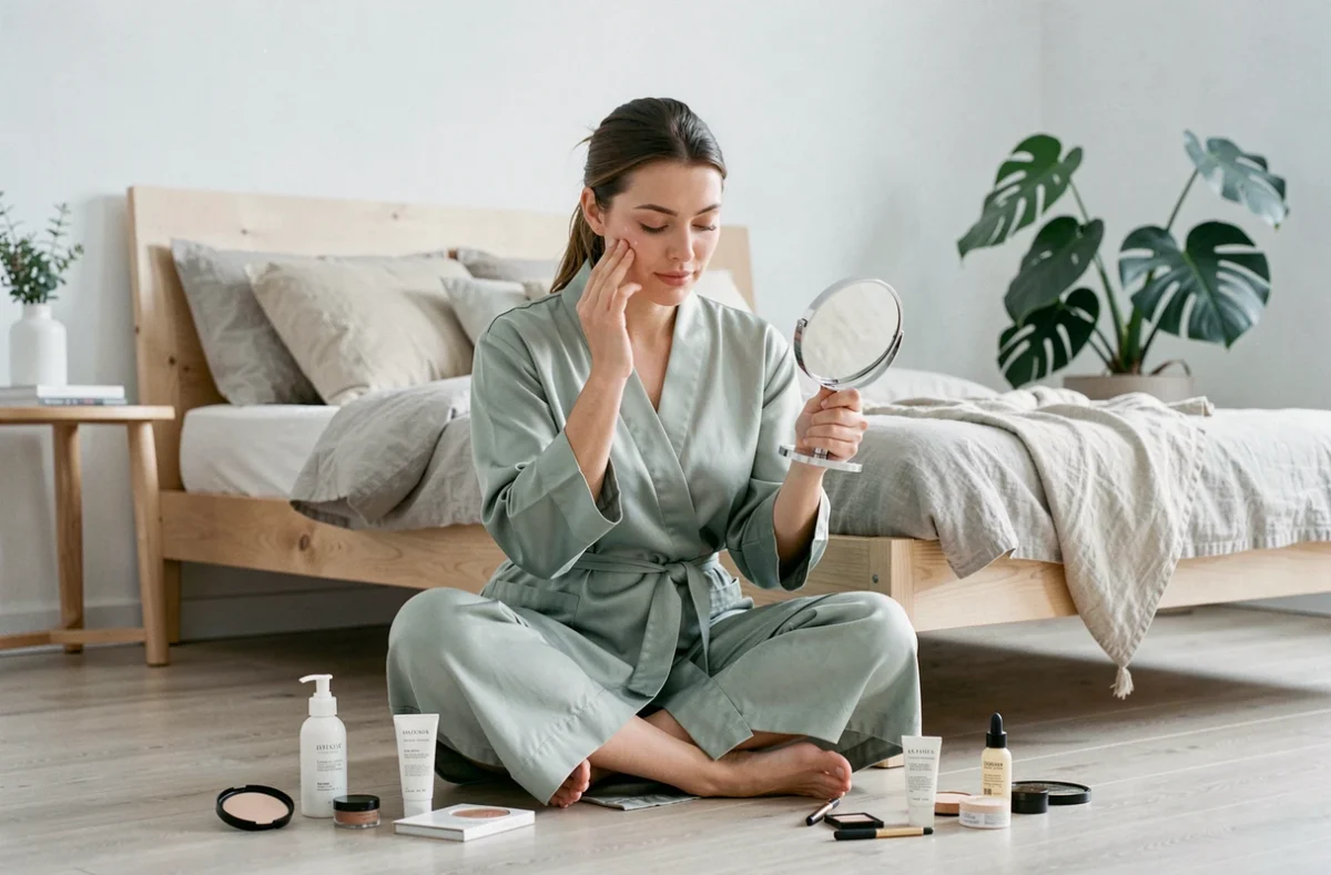 Femme en robe de soie examinant sa peau avec un miroir entourée de produits de soin dans une chambre scandinave minimaliste