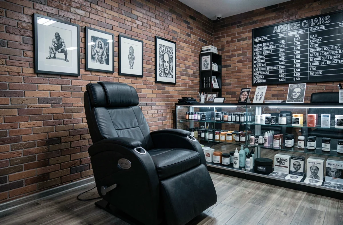 Intérieur d'un salon de tatouage professionnel avec tableau de tarifs et équipements visibles