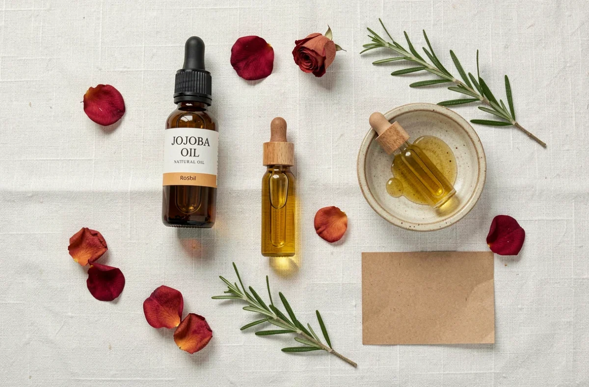 Vue de dessus d'une sélection d'huiles naturelles pour mains sèches incluant argan, jojoba et rose musquée disposées sur du lin blanc