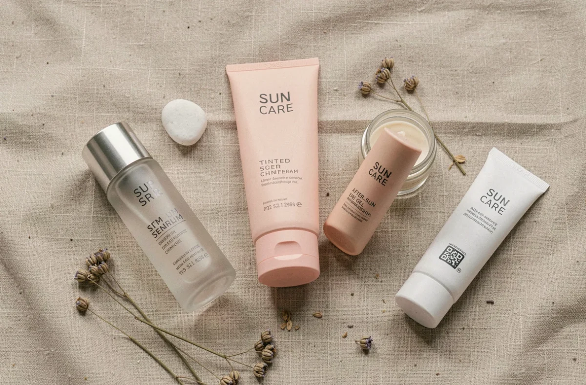 Sélection de soins solaires innovants disposés en flat lay sur tissu de lin beige