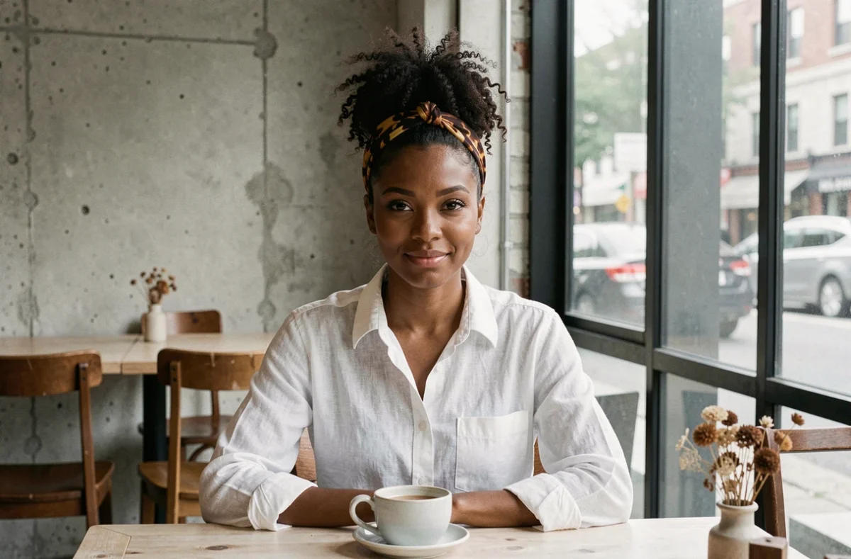 Femme aux cheveux naturels portant un serre-tête écaille de tortue rétro dans un café minimaliste au décor industriel