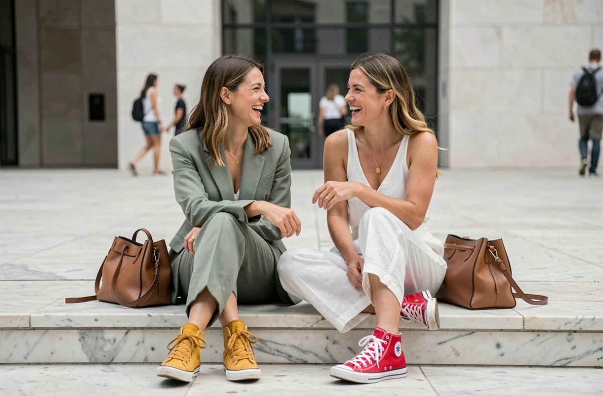 Deux femmes élégantes en tenue d'été avec des sneakers colorées assises sur des marches de musée contemporain