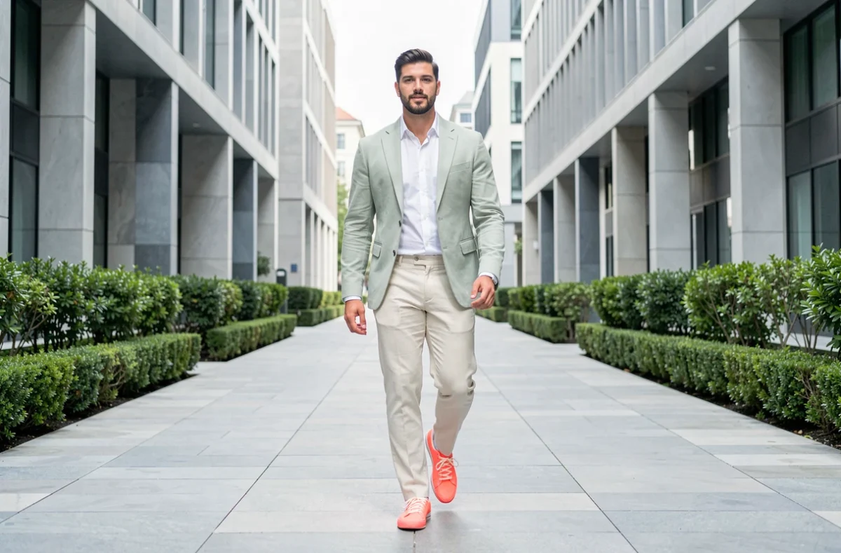 Homme en costume lin crème et blazer sauge portant des sneakers corail néon en promenade urbaine