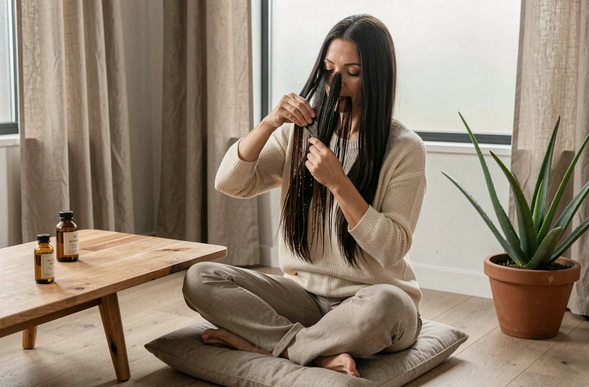 Femme massant de l'huile d'argan sur ses cheveux longs dans un salon minimaliste avec des produits capillaires naturels