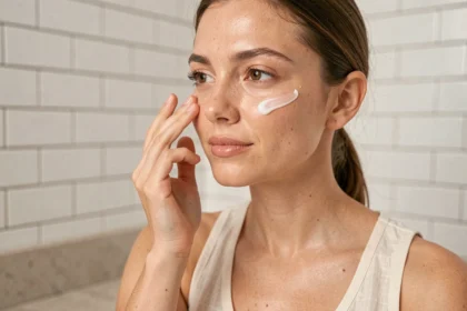 Femme appliquant un sérum solaire innovant sur son visage dans une salle de bain minimaliste