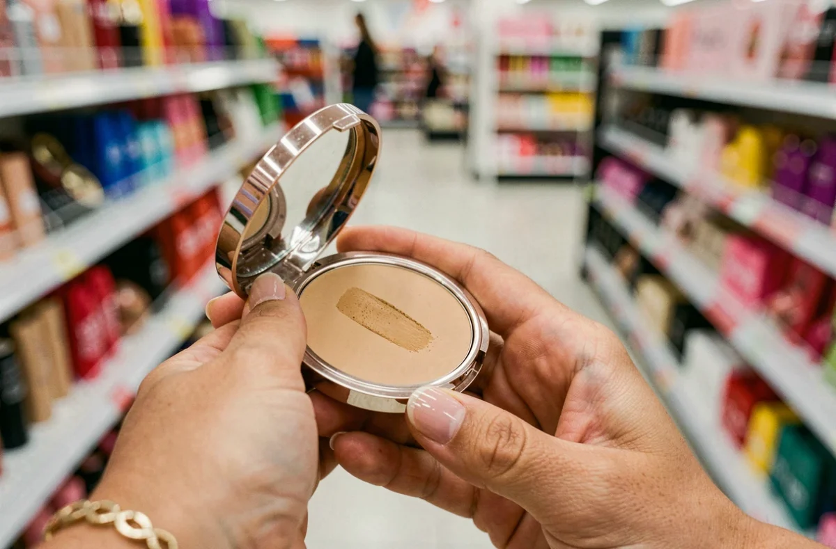 Gros plan d'un test de fond de teint sur le poignet d'une femme dans un magasin de maquillage