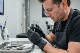 Tatoueur professionnel préparant une aiguille pour un tatouage sur la lèvre intérieure dans un studio moderne