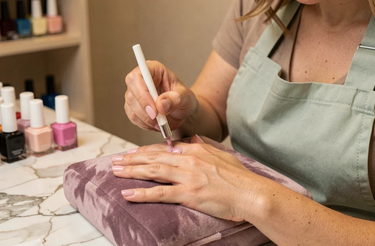 Technicienne en onglerie appliquant un vernis pastel rose sur les ongles d'une cliente dans un salon de manucure moderne
