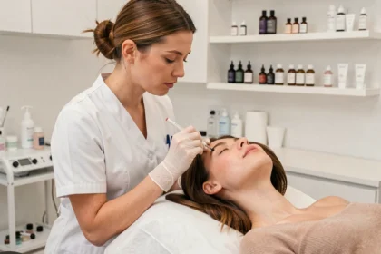 Esthéticienne professionnelle appliquant une teinture permanente sur les lèvres d'une cliente dans un institut de beauté moderne