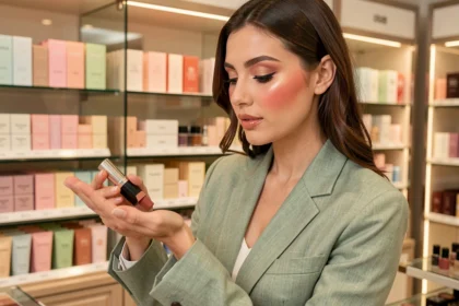 Femme testant des teintes de rouge à lèvres dans une boutique de maquillage au printemps
