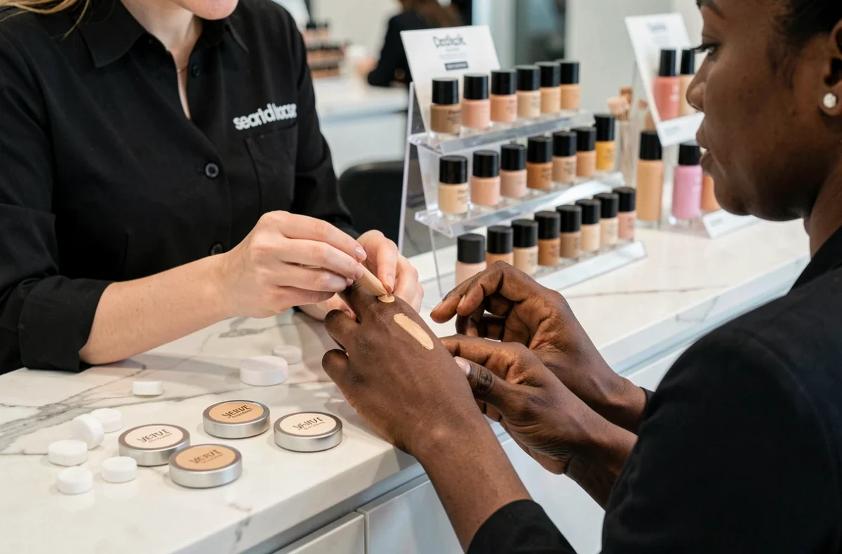 Conseillère beauté appliquant un test de fond de teint sur le poignet d'une cliente dans un magasin de cosmétiques