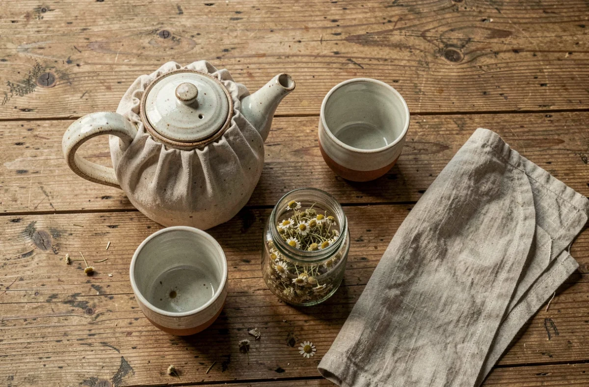 Théière artisanale et tasses en céramique sur une table en bois avec des fleurs de camomille séchées