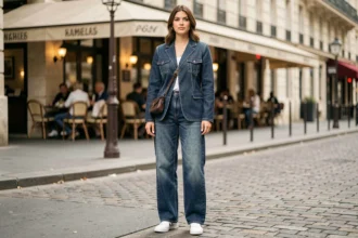Femme portant un total look denim avec blazer et jean large taille haute sur un trottoir parisien, style éditorial contemporain