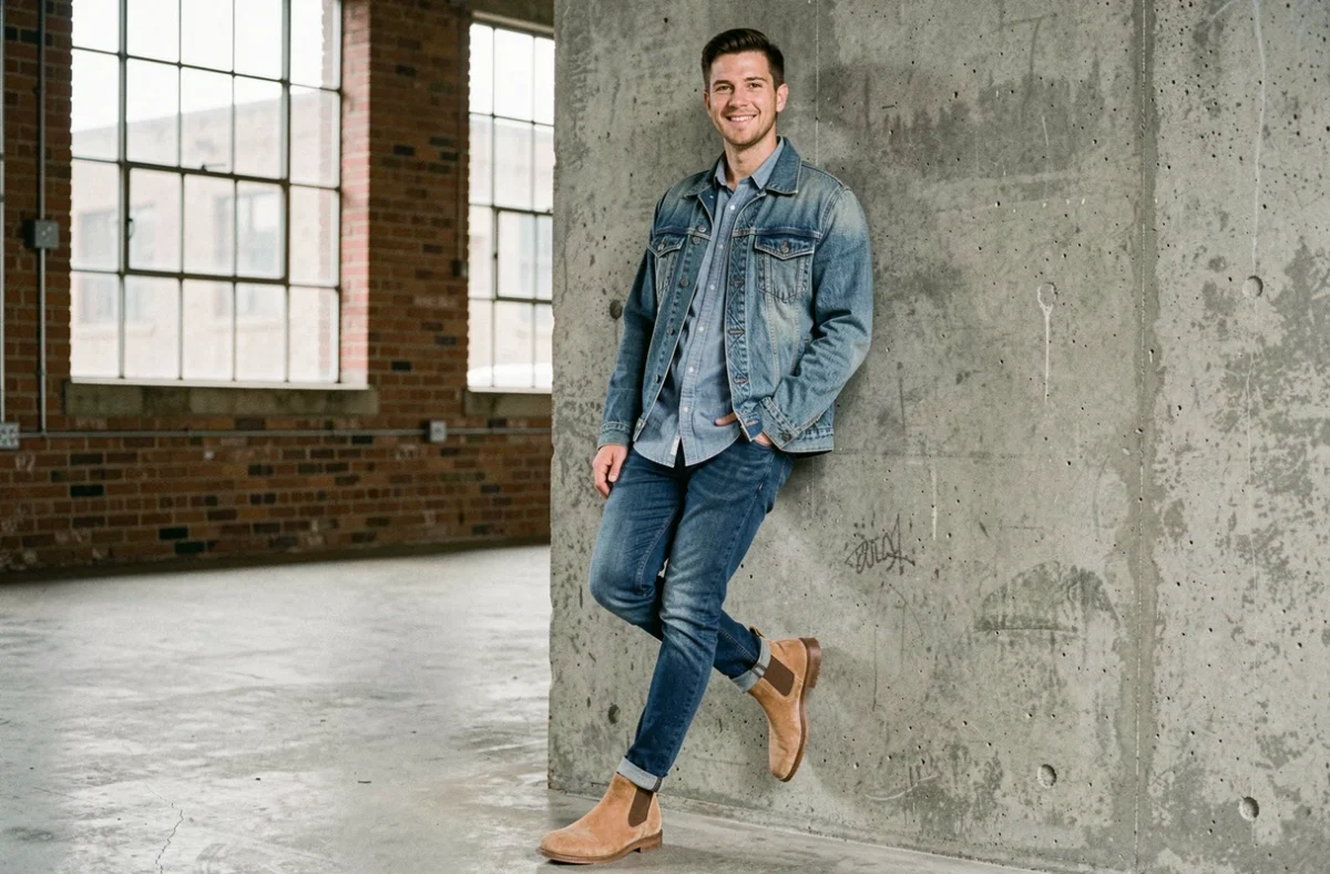 Homme en total look denim superposé avec veste trucker et jean slim dans un loft industriel aux murs en béton brut
