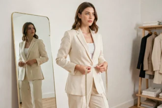 Femme mesurant son tour de hanche avec un mètre ruban dans une cabine d'essayage minimaliste, portant un pantalon taille 38