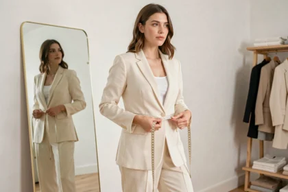 Femme mesurant son tour de hanche avec un mètre ruban dans une cabine d'essayage minimaliste, portant un pantalon taille 38