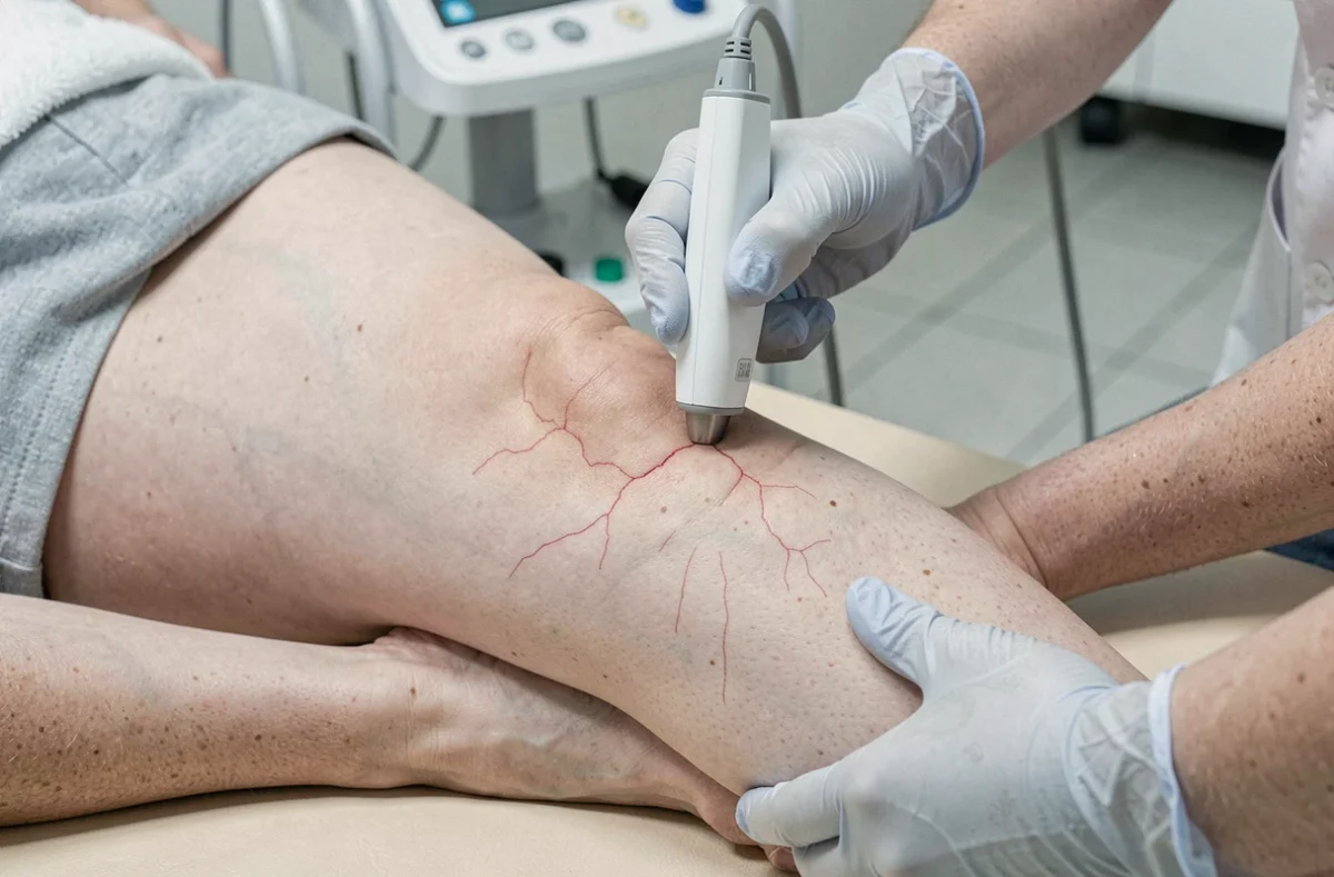 Traitement médical par laser des vaisseaux éclatés sur les jambes en clinique esthétique