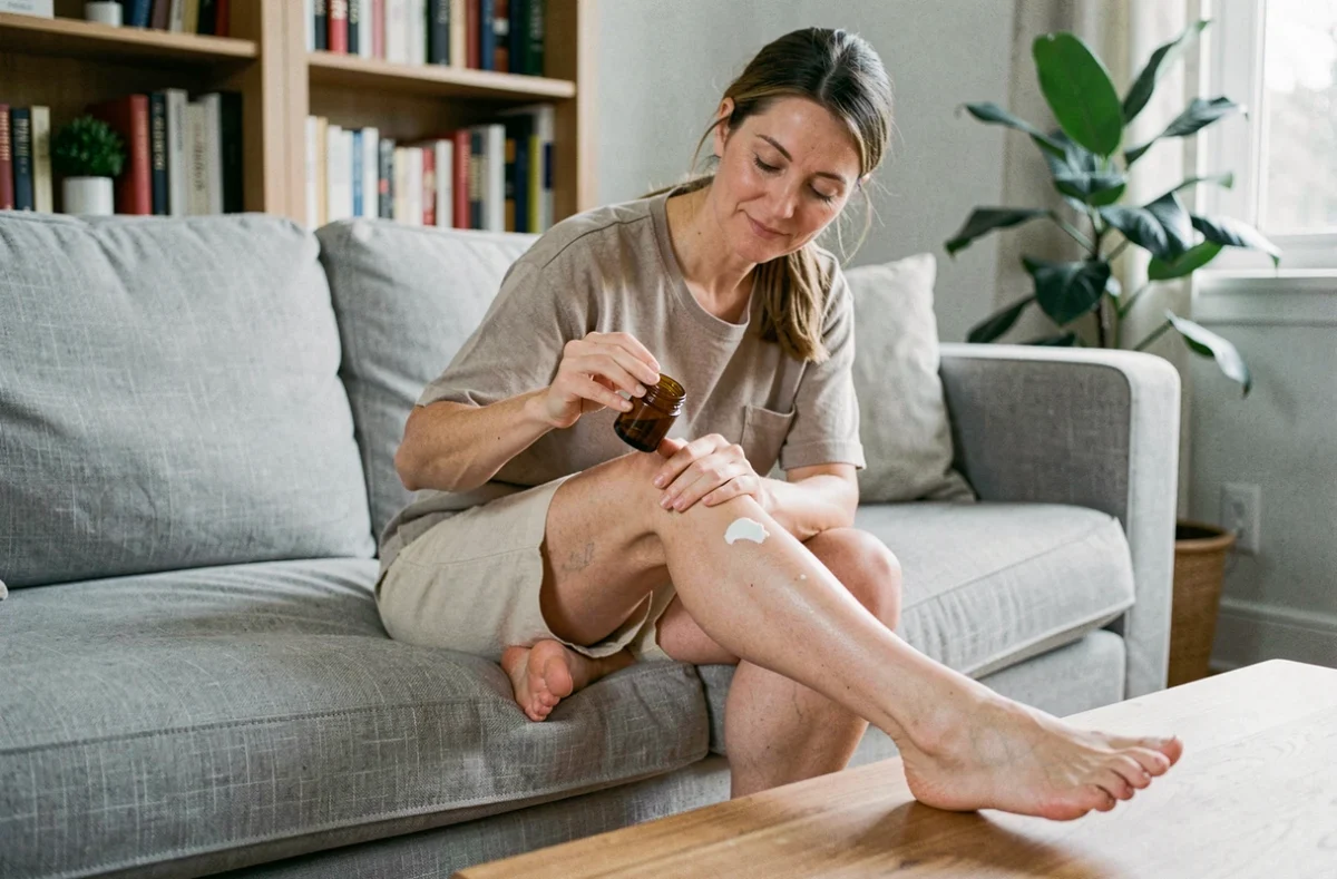 Femme appliquant une crème sur des vaisseaux éclatés visibles sur les jambes à domicile